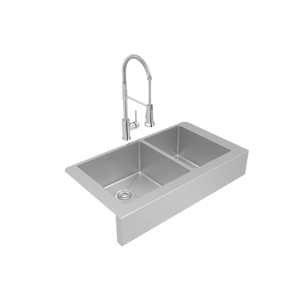 Algor Plumbing and Heating SupplyElkayCrosstown 18 Gauge Stainless Steel 35-7/8'' x 20-1/4'' x 9'', 60/40 Double Bowl Farmhouse Sink and Faucet Kit with Drain