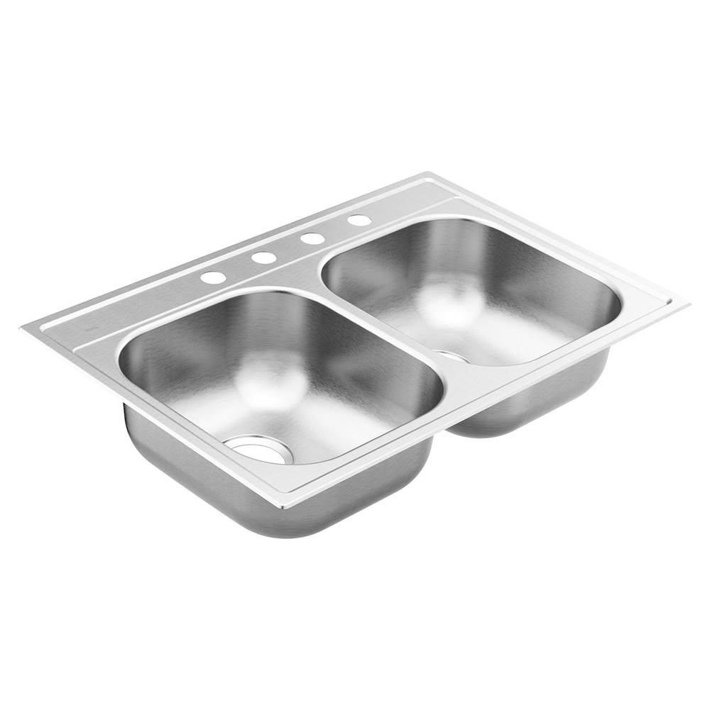 Algor Plumbing and Heating SupplyMoen2000 Series 33-inch 20 Gauge Drop-in Double Bowl Stainless Steel Kitchen Sink, 4 Hole, Featuring QuickMount