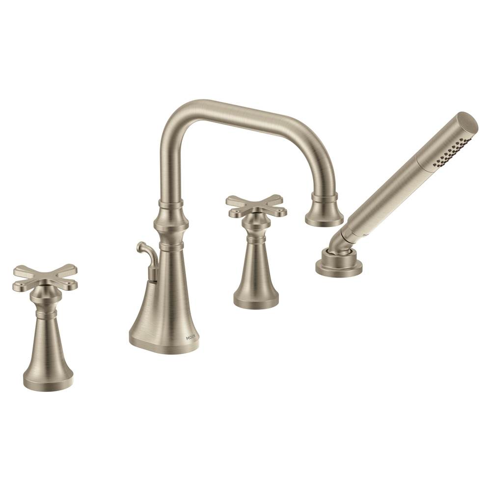 Algor Plumbing and Heating SupplyMoenColinet Two Handle Deck-Mount Roman Tub Faucet Trim with Cross Handles and Handshower, Valve Required, in Brushed Nickel
