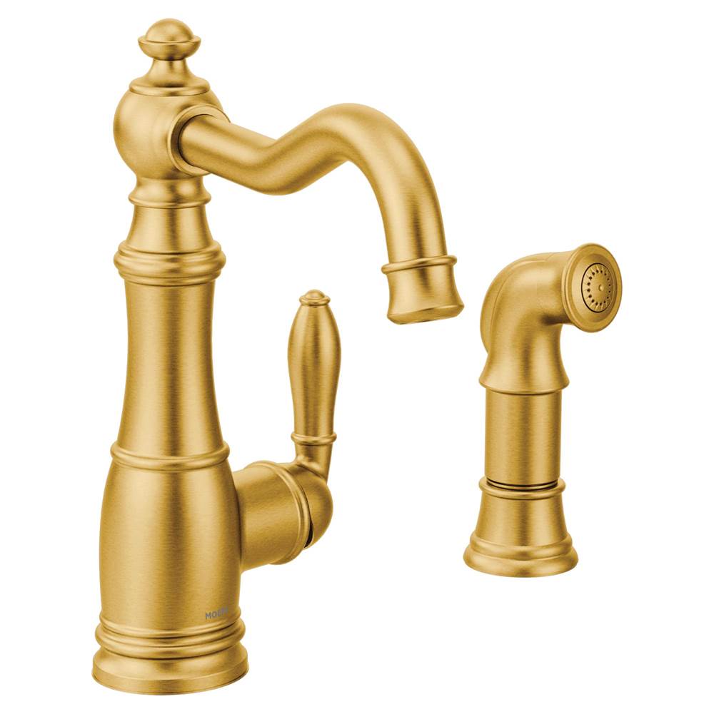 Algor Plumbing and Heating SupplyMoenWeymouth One-Handle Traditional Kitchen Faucet with Side Sprayer, Brushed Gold
