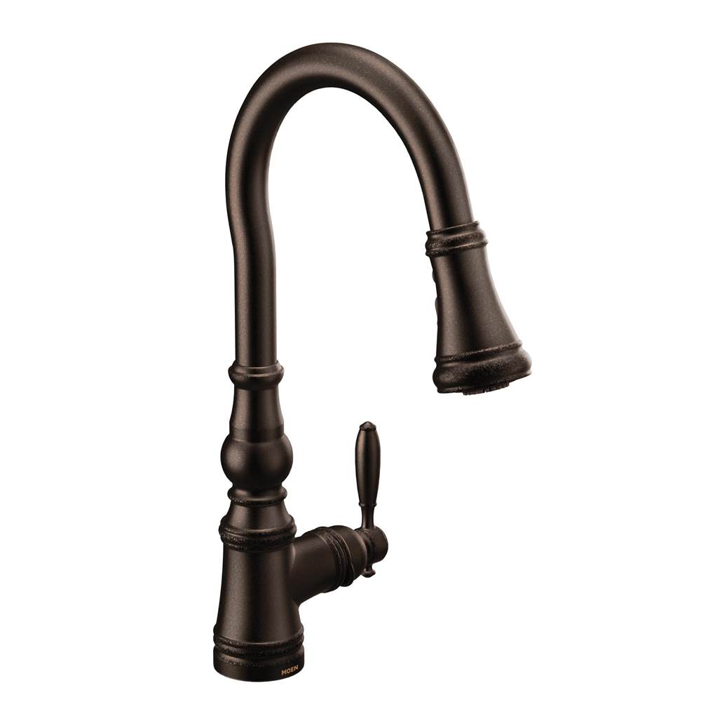 Algor Plumbing and Heating SupplyMoenWeymouth Shepherd''s Hook Pulldown Kitchen Faucet Featuring Metal Wand with Power Boost, Oil-Rubbed Bronze