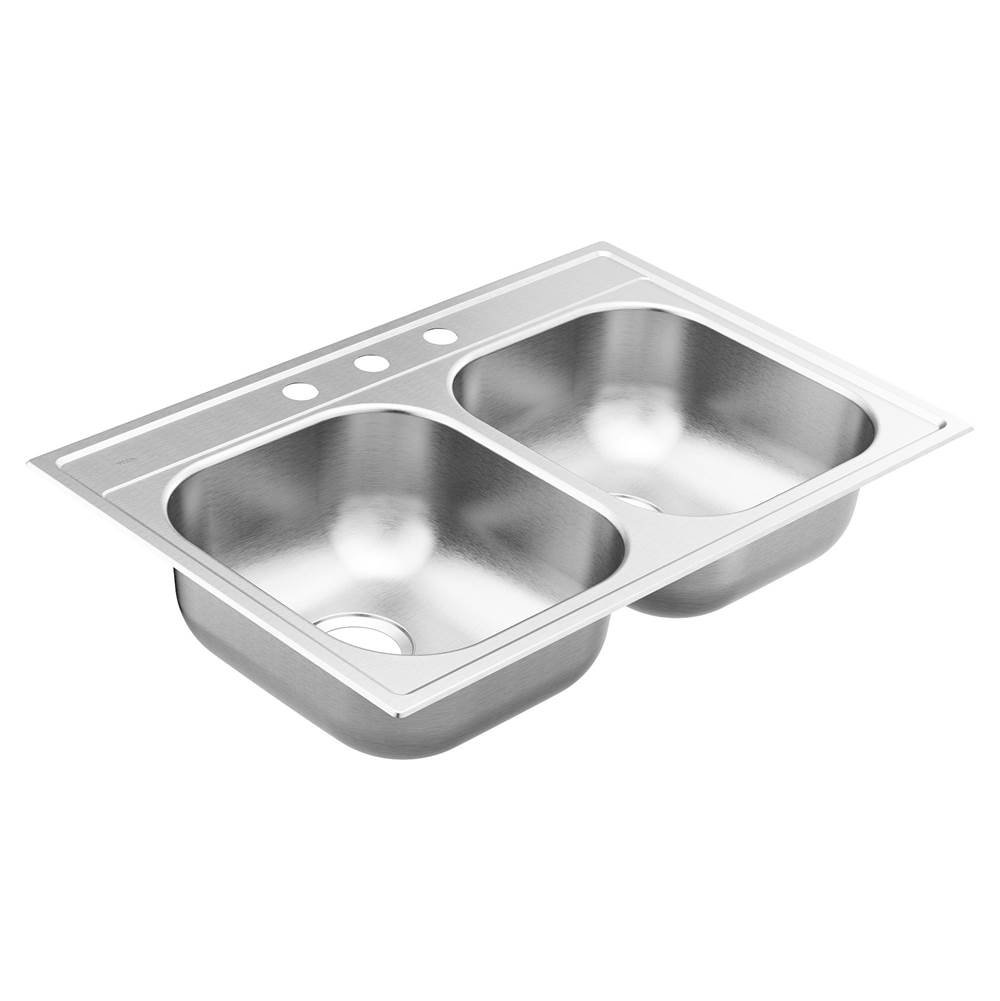 Algor Plumbing and Heating SupplyMoen2000 Series 33-inch 20 Gauge Drop-in Double Bowl Stainless Steel Kitchen Sink, 3 Hole, Featuring QuickMount